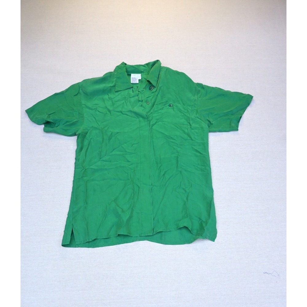 Karnold Womens L 100% Silk Button Up Shirt Green Shoulder Pads Boxy Bold